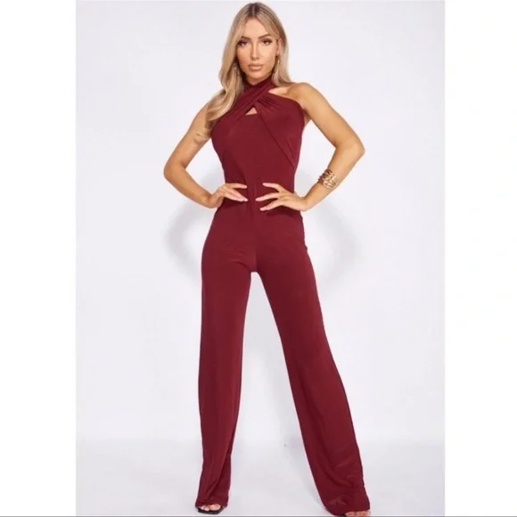 Burgundy Sleeveless Halter Neck Open Back Wide Leg Jumpsuit Playsuit - Picture 3 of 10